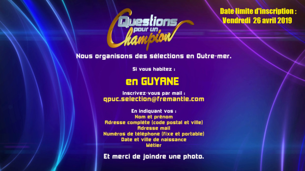 "Questions pour un Champion" recherche des candidats Guyanais "Questions pour un Champion" recherche des candidats Guyanais