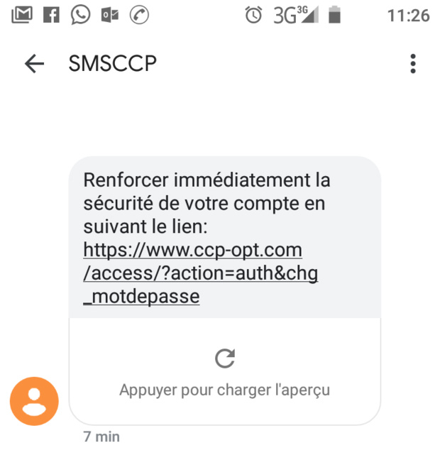 Aperçu du SMS frauduleux