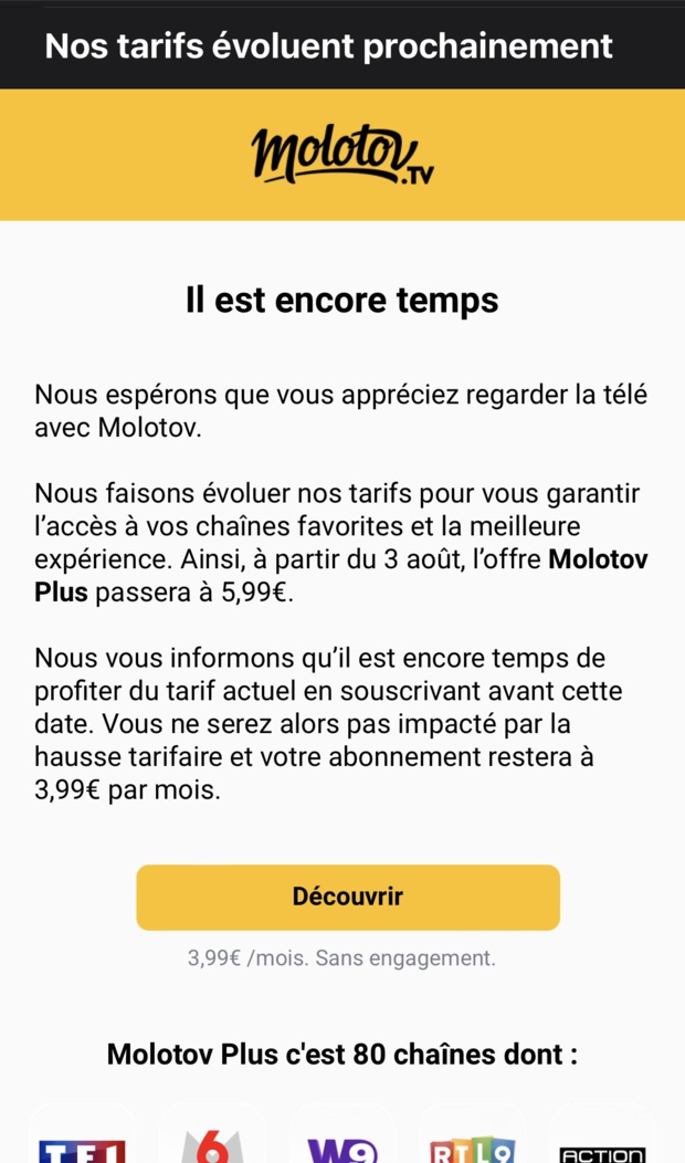 Molotov augmente le prix de son offre TV "Molotov Plus" à partir du 3 août Molotov augmente le prix de son offre TV "Molotov Plus" à partir du 3 août
