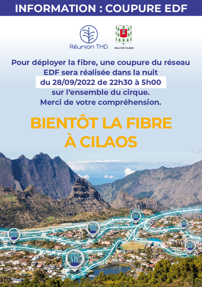 La fibre déployée à Cilaos : coupure d'électricité à prévoir ! La fibre déployée à Cilaos : coupure d'électricité à prévoir !