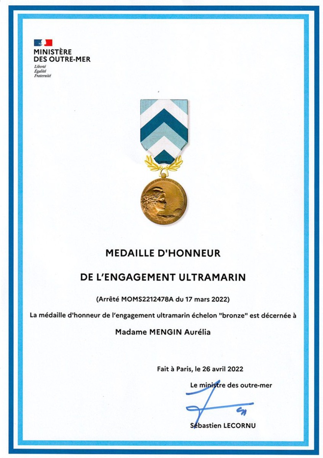 Aurélia Mengin reçoit la médaille d’honneur de l’engagement ultramarin