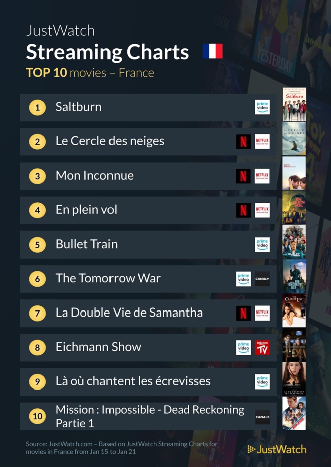 "Mon inconnue", "Saltburn", "True Detective" : Le top 10 des films et séries les plus populaires de la semaine "Mon inconnue", "Saltburn", "True Detective" : Le top 10 des films et séries les plus populaires de la semaine