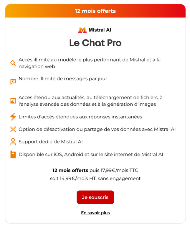 Free, 1er opérateur à proposer dans ses offres mobiles un assistant IA premium, le Chat Pro de Mistral AI Free, 1er opérateur à proposer dans ses offres mobiles un assistant IA premium, le Chat Pro de Mistral AI