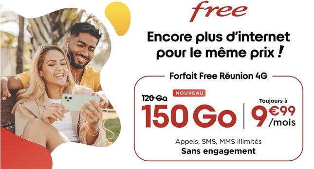 Free Réunion augmente l'enveloppe internet mobile à 150 Go sans surcoût dans son forfait 4G à 9,99€/mois Free Réunion augmente l'enveloppe internet mobile à 150 Go sans surcoût dans son forfait 4G à 9,99€/mois
