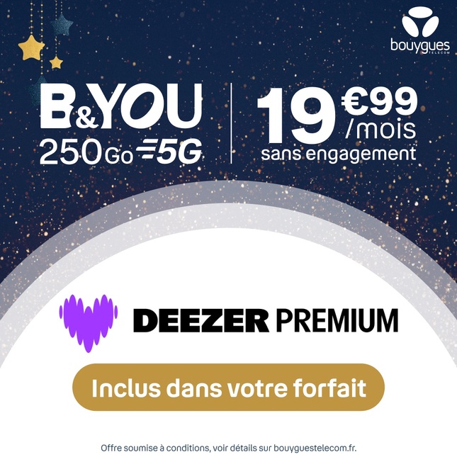 Bouygues Telecom et Deezer dévoilent “B&YOU Deezer Edition”, un forfait 5G avec Deezer Premium inclus Bouygues Telecom et Deezer dévoilent “B&YOU Deezer Edition”, un forfait 5G avec Deezer Premium inclus
