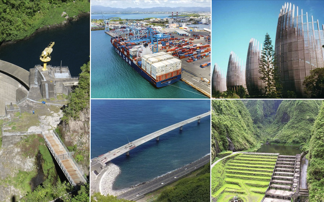 © Barrage EDF Takamaka  2. © GPM Guadeloupe 3. Nouvelle route du Littoral de La Réunion - © Vinci Construction 4. Centre Culturel Tjibaou - Renzo Piano 5. EDT-Engie - STEP (Station de transfert d’énergie par pompage) de Polynésie-française