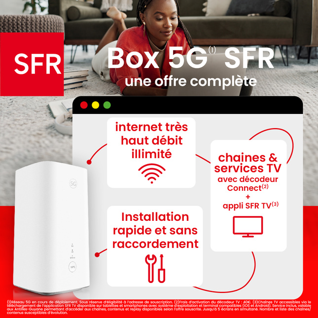 SFR Caraïbe lance une nouvelle BOX 5G avec Internet illimité et TV : une première en Martinique, en Guadeloupe et en Guyane SFR Caraïbe lance une nouvelle BOX 5G avec Internet illimité et TV : une première en Martinique, en Guadeloupe et en Guyane