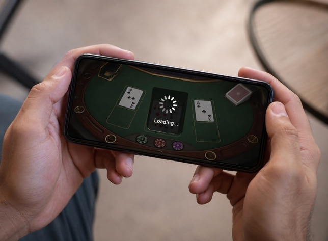 ALT: Mains tenant un téléphone affichant une table de cartes avec un écran de chargement ALT: Mains tenant un téléphone affichant une table de cartes avec un écran de chargement