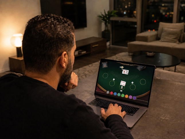 ALT: Homme jouant au blackjack en ligne sur son ordinateur portable le soir.