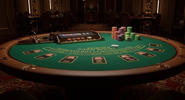 Alt : Table de casino avec cartes et jetons de poker
