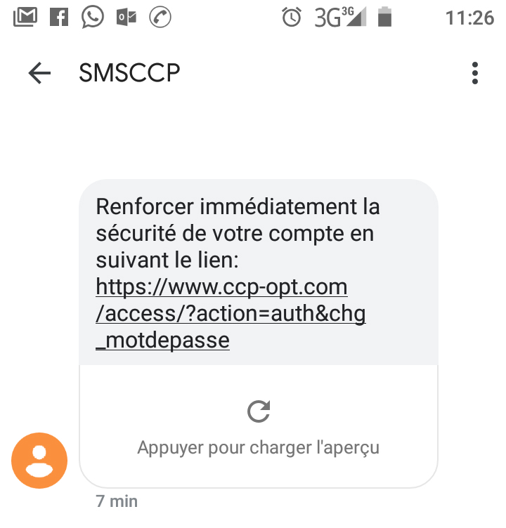 Aperçu du SMS frauduleux