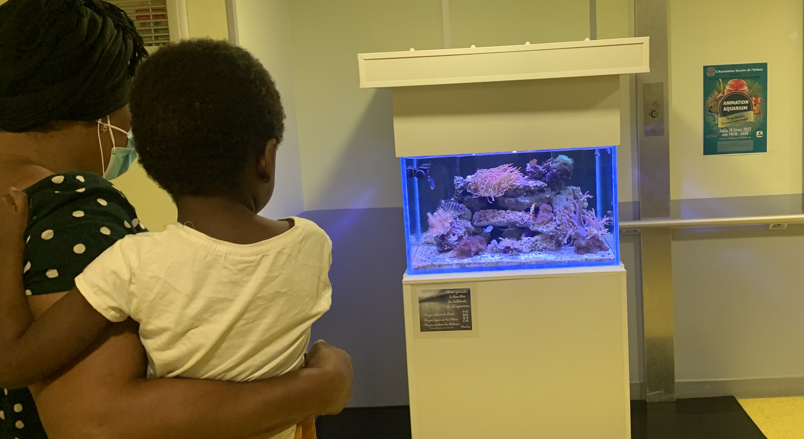 Un enfant et son parent visitant l'aquarium du service pédiatrie du CHU de Saint-Denis