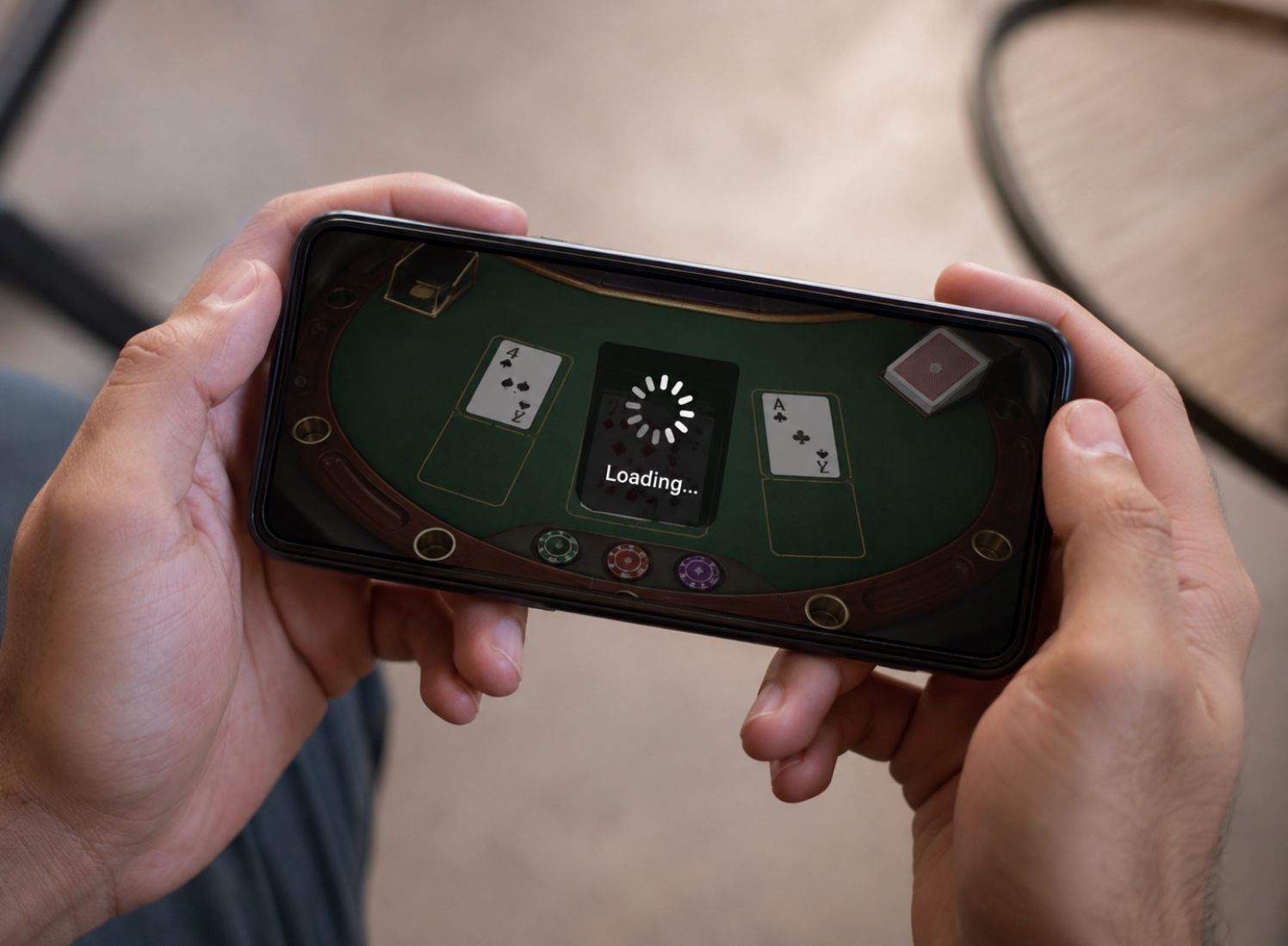 ALT: Mains tenant un téléphone affichant une table de cartes avec un écran de chargement